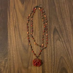 Wood bead and rose necklace